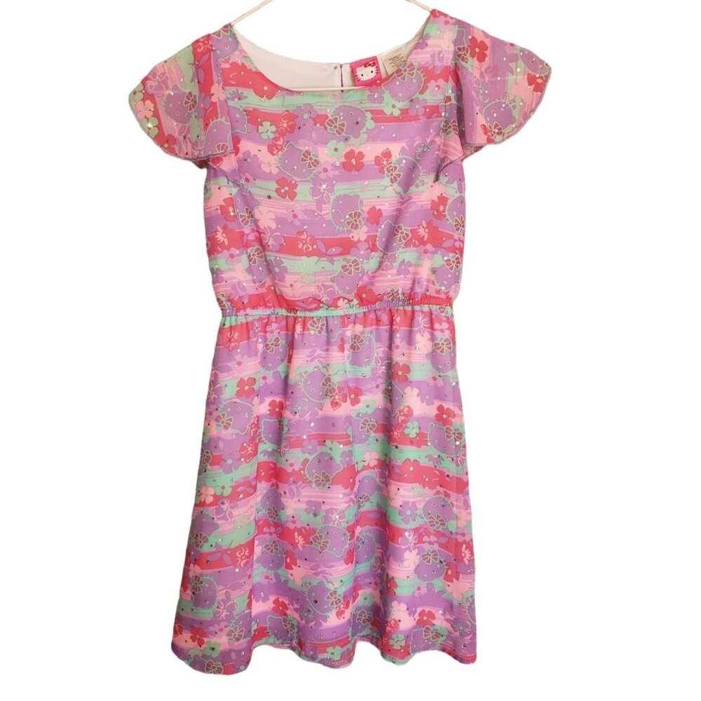 Hello Kitty Girls M Dress Lilac Pink Floral Glitter Accents Lined Casual (7/8)